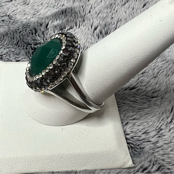 JCM Stainless Steel Faceted Green Stone Halo Ring Size 10 - Picture 3 of 6
